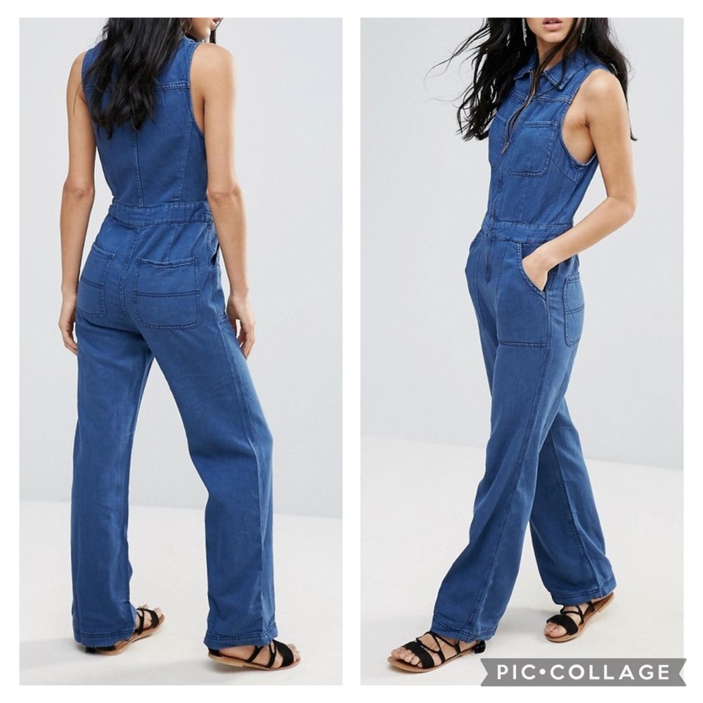 Free People The Wind Denim 70s Jumpsuit Size 0